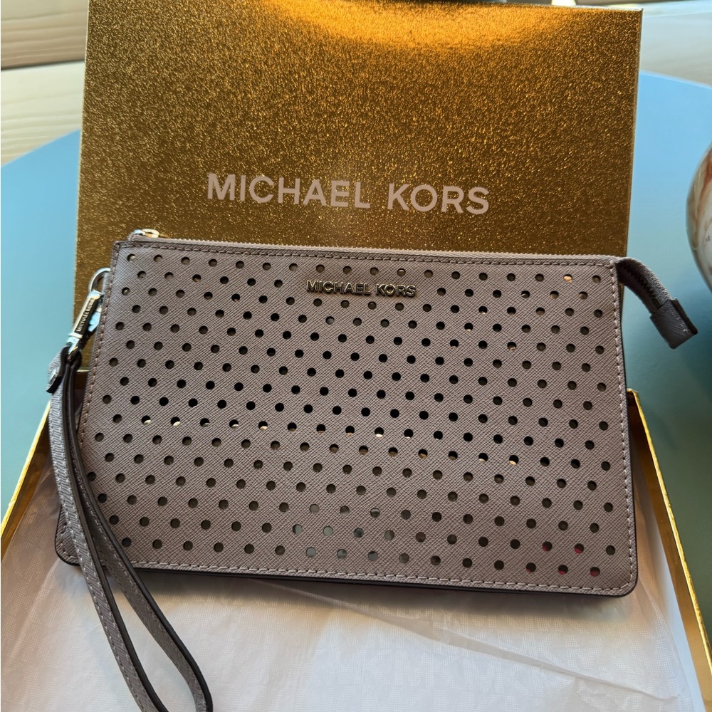 Michael Kors Gray Pearl Key & Card Holder wristlet/Clutch with Perforated Design